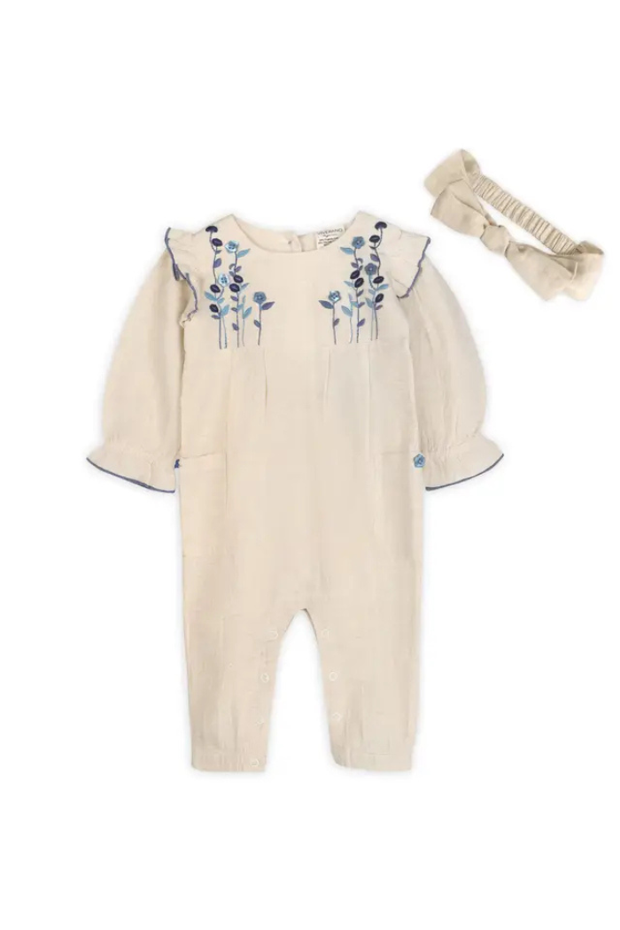 Atrani embroidered baby romper with matching headband | Viverano Organics