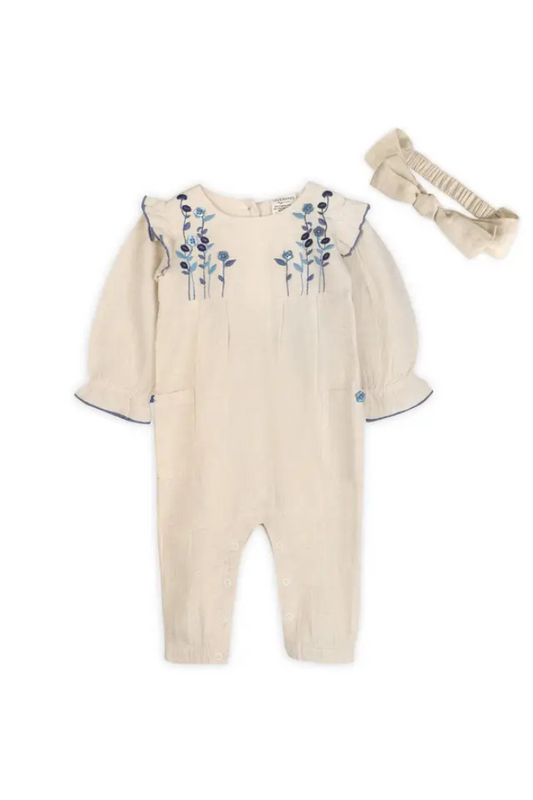 Atrani embroidered baby romper with matching headband | Viverano Organics