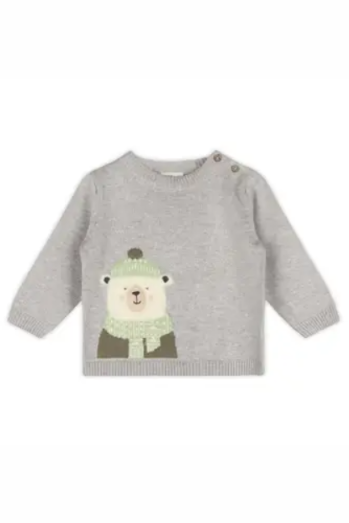 Polar Bear Jacquard Knit Baby Sweater in grey with a bear wearing a green hat and scarf