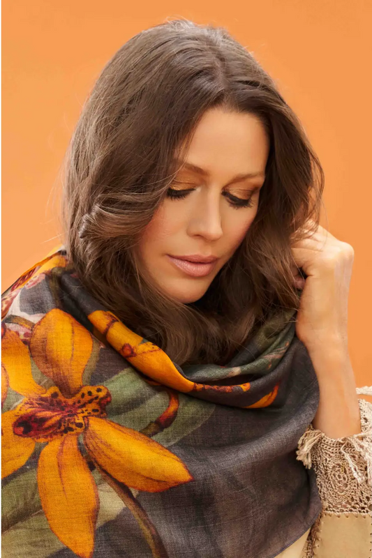 Wool Wrap Oversized Botanicals Scarf  Orange flowers