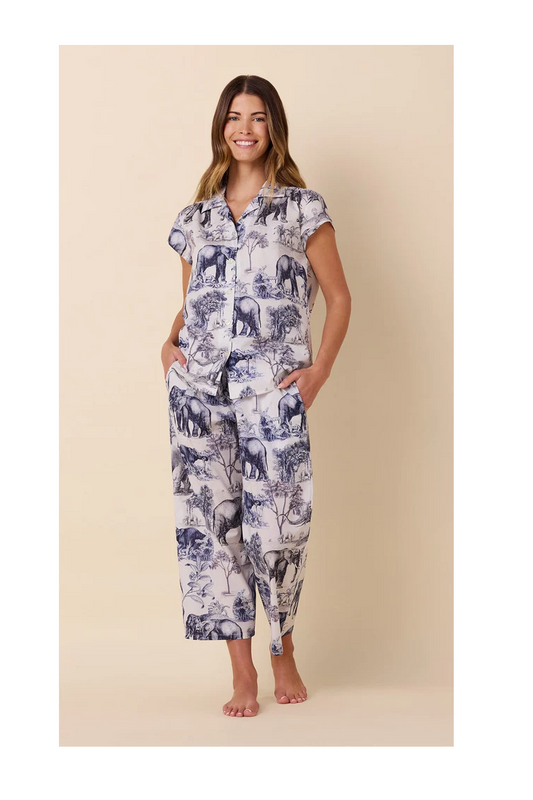 Blue Safari Toile Pima Knit Cropped Pajama Set | The Cat's Pajamas