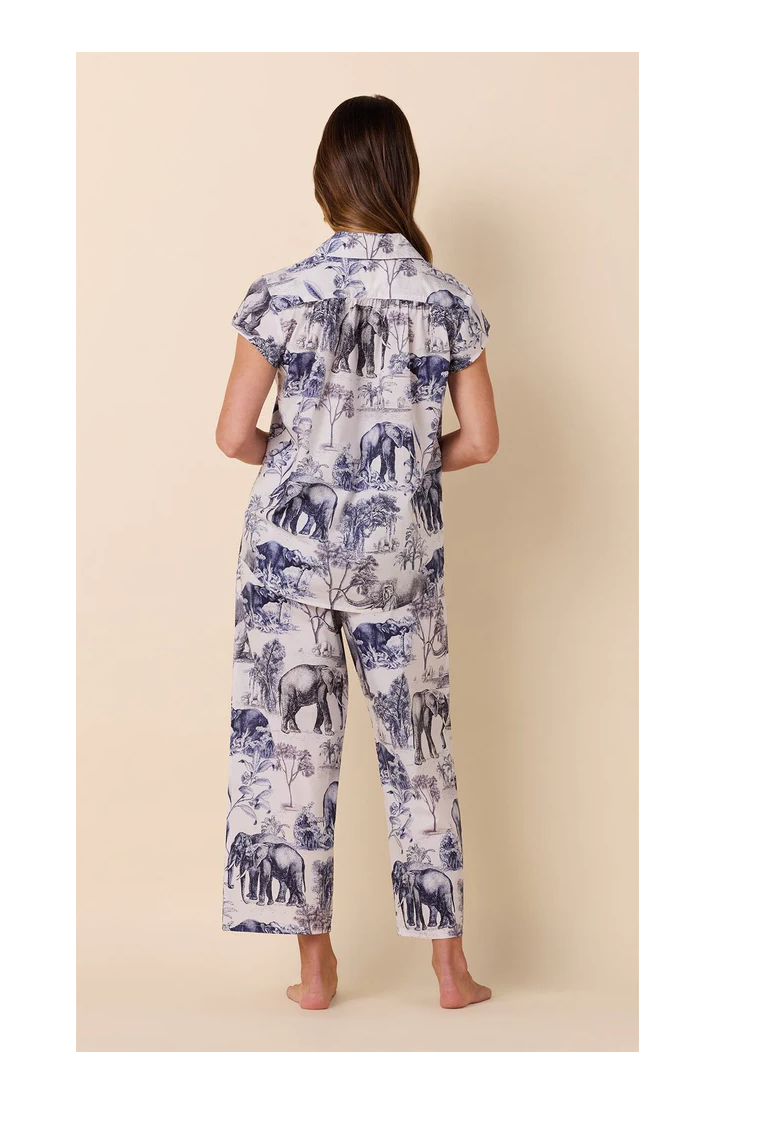 Blue Safari Toile Pima Knit Cropped Pajama Set | The Cat's Pajamas