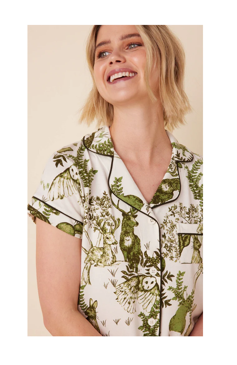 Pima Knit Short Pajama Set (Green Woodland Critters, XS–XL) | The Cat's Pajamas