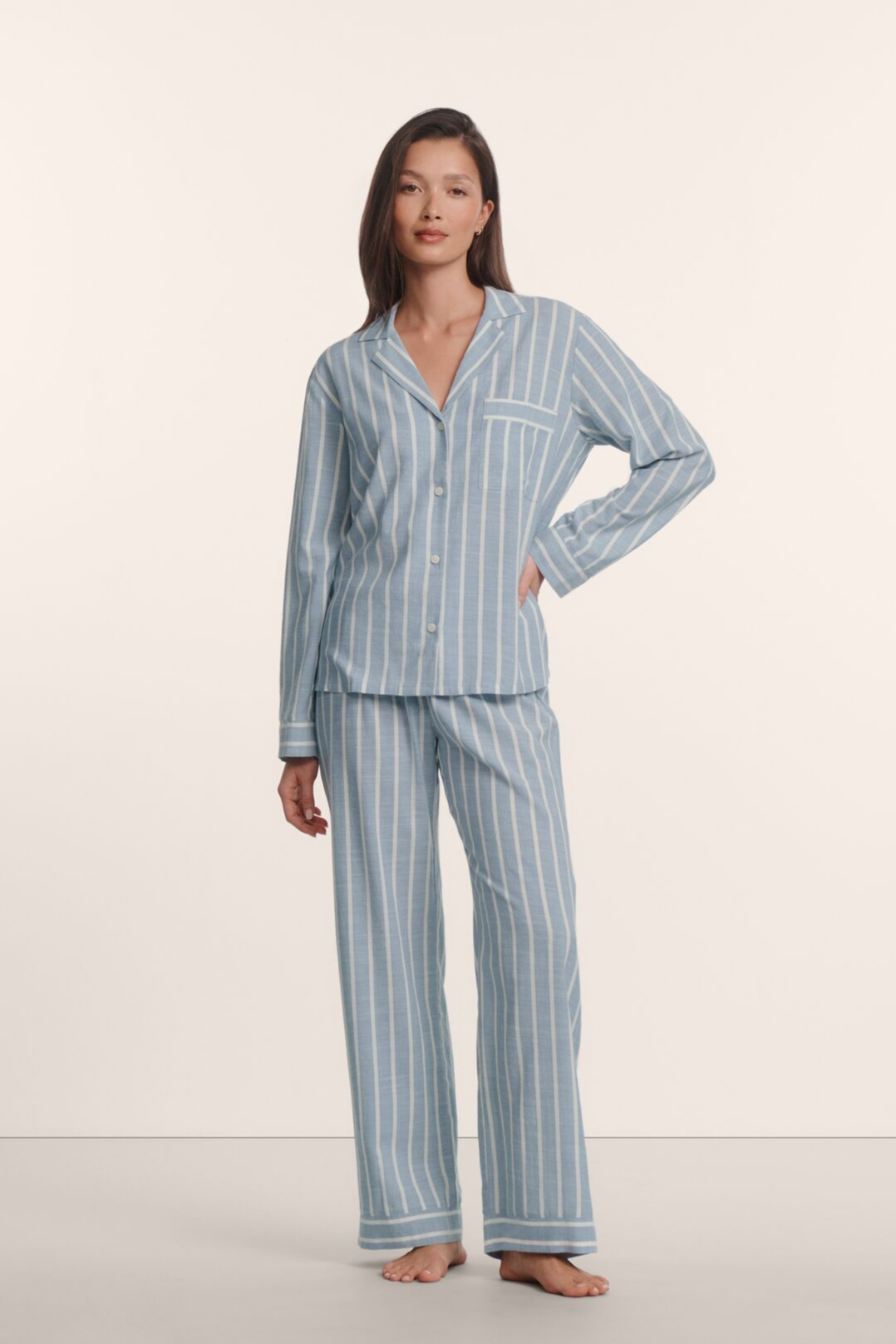 Eberjey Nautico Long PJ Set — Classic Stripe Slate Blue / Ivory