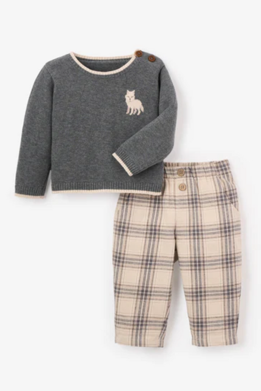Wolf Knit Sweater and Plaid Pants Baby Set | Elegant Baby