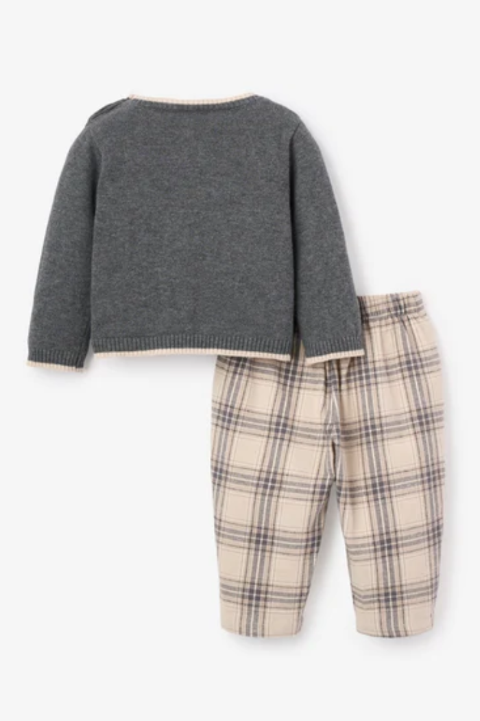 Wolf Knit Sweater and Plaid Pants Baby Set | Elegant Baby