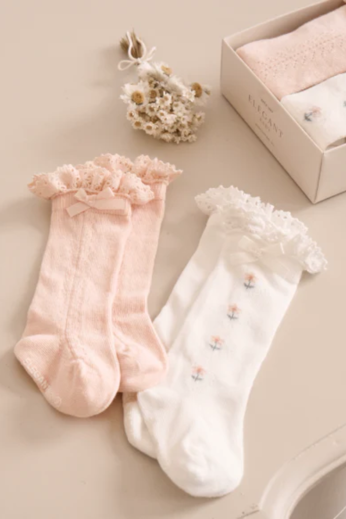 Floral Knee-High Non-Slip Baby Socks 2-Pack | Elegant Baby