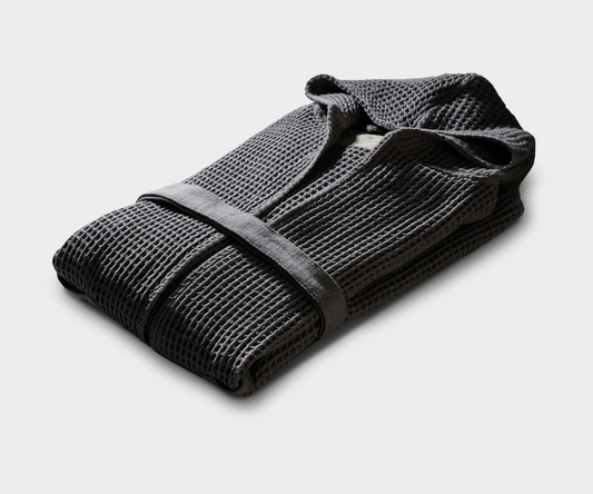 Honeycomb Cotton Bathrobe | Hooded Robe with Pockets in Charcoal