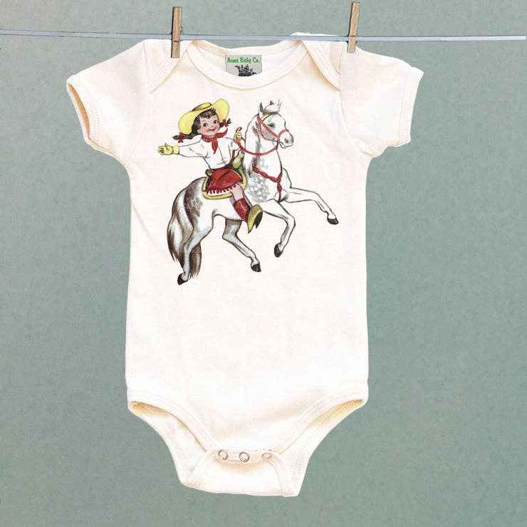 Cowgirl & white horse organic cotton baby bodysuit