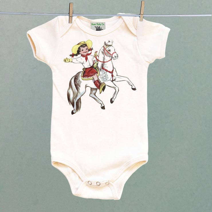 Acme Baby Cowgirl and White Horse Organic Cotton Bodysuit - front