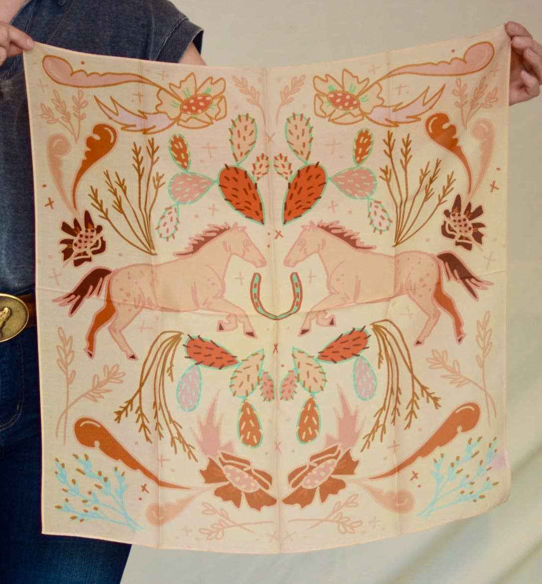 Wild horse prairies in peach cowgirl wild rag: western scarf bandana silk tencel wildrag western giftable