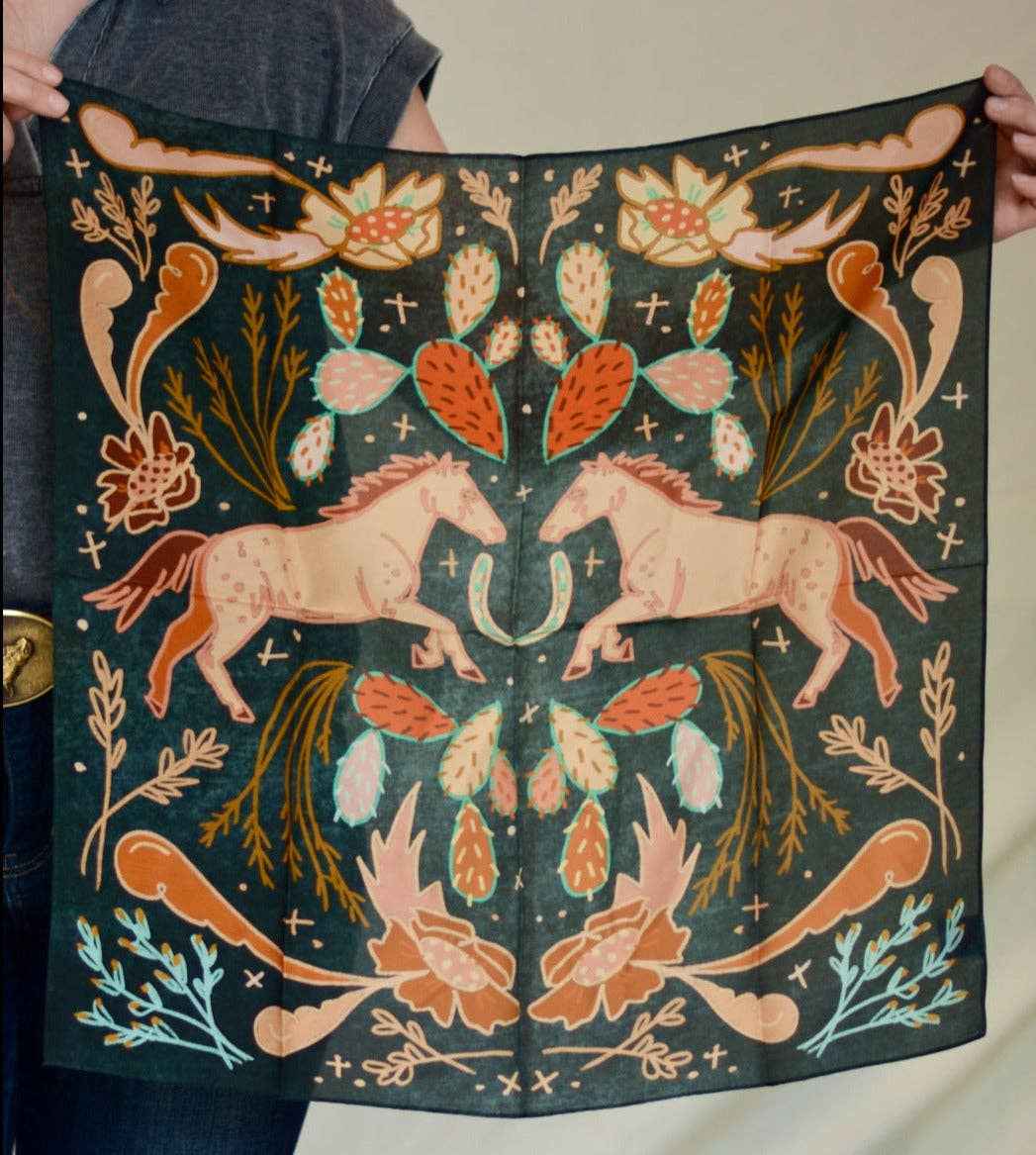 Wild horse prairies in denim cowgirl wild rag: western scarf bandana silk tencel wild rag