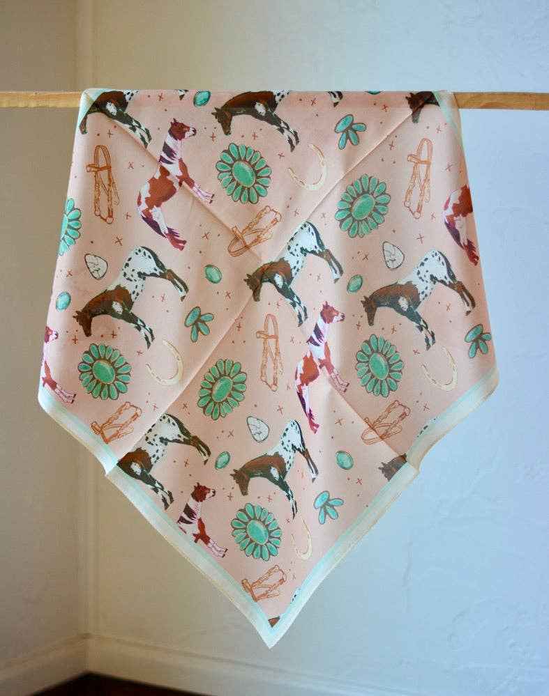 Western silk wild rag horses and turquoise peach scarf