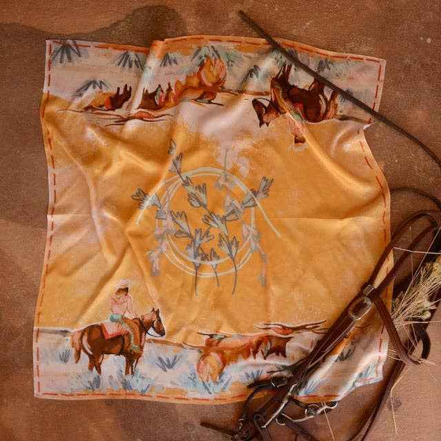 Longhorn open range: large 100% mulberry silk 35x35 cowgirl wild rag western scarf