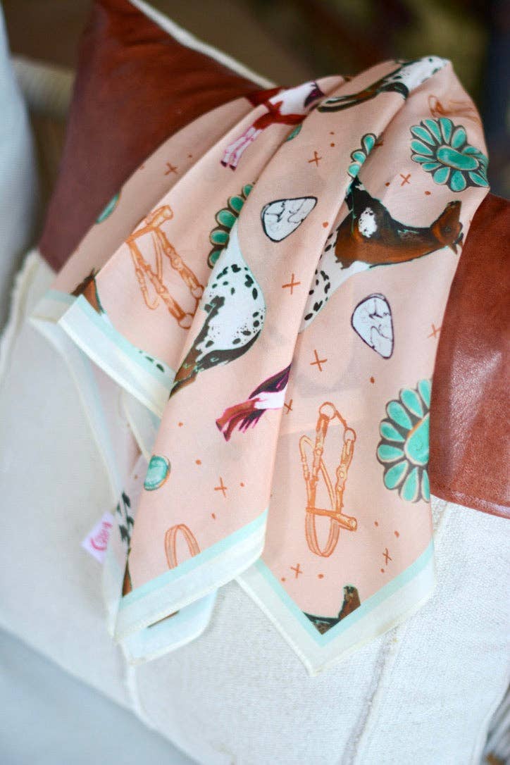 Western Silk Wild Rag Scarf – Horses & Turquoise Peach | Madeline & Oliver