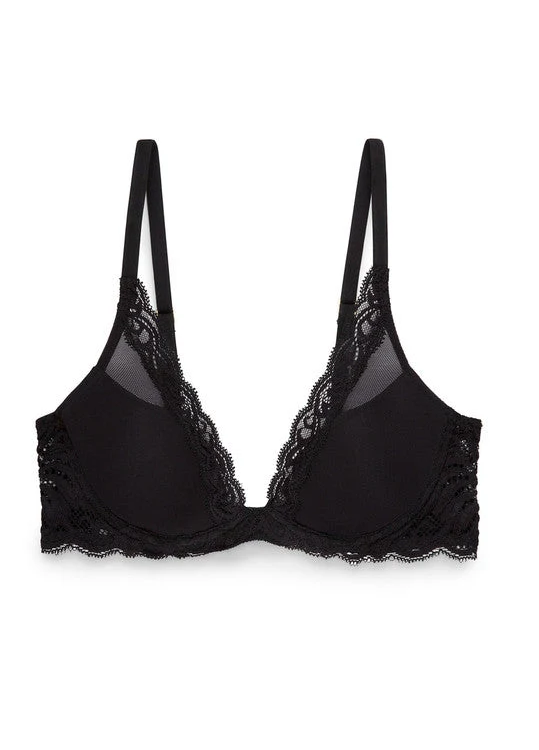 Natori Feathers Plunge T-Shirt Bra in Black — smooth contour cups with Italian lace trim