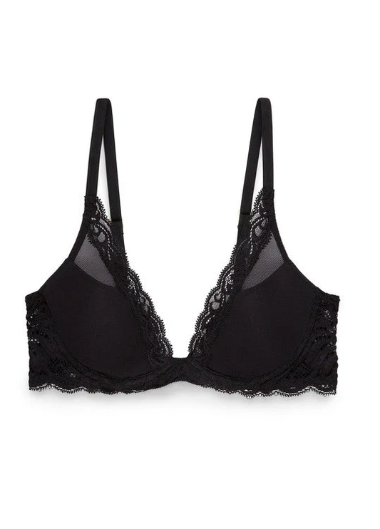 Natori Feathers Plunge T-Shirt Bra in Black — smooth contour cups with Italian lace trim
