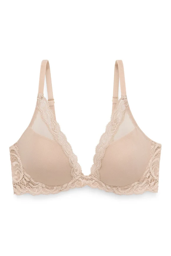 Natori Feathers Plunge T-Shirt Bra in Cafe — smooth contour cups with Italian lace trim
