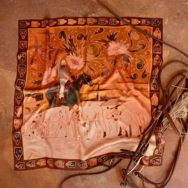 Round up large 100% mulberry silk 35x35: floral cattle cowgirl western wild rag