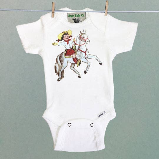 Acme Baby Cowgirl and White Horse Organic Cotton Bodysuit - flat lay