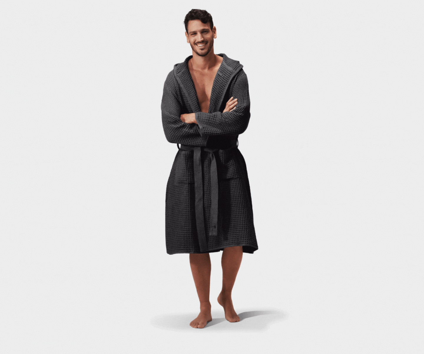 Honeycomb Cotton Bathrobe | Hooded Robe with Pockets in Charcoal