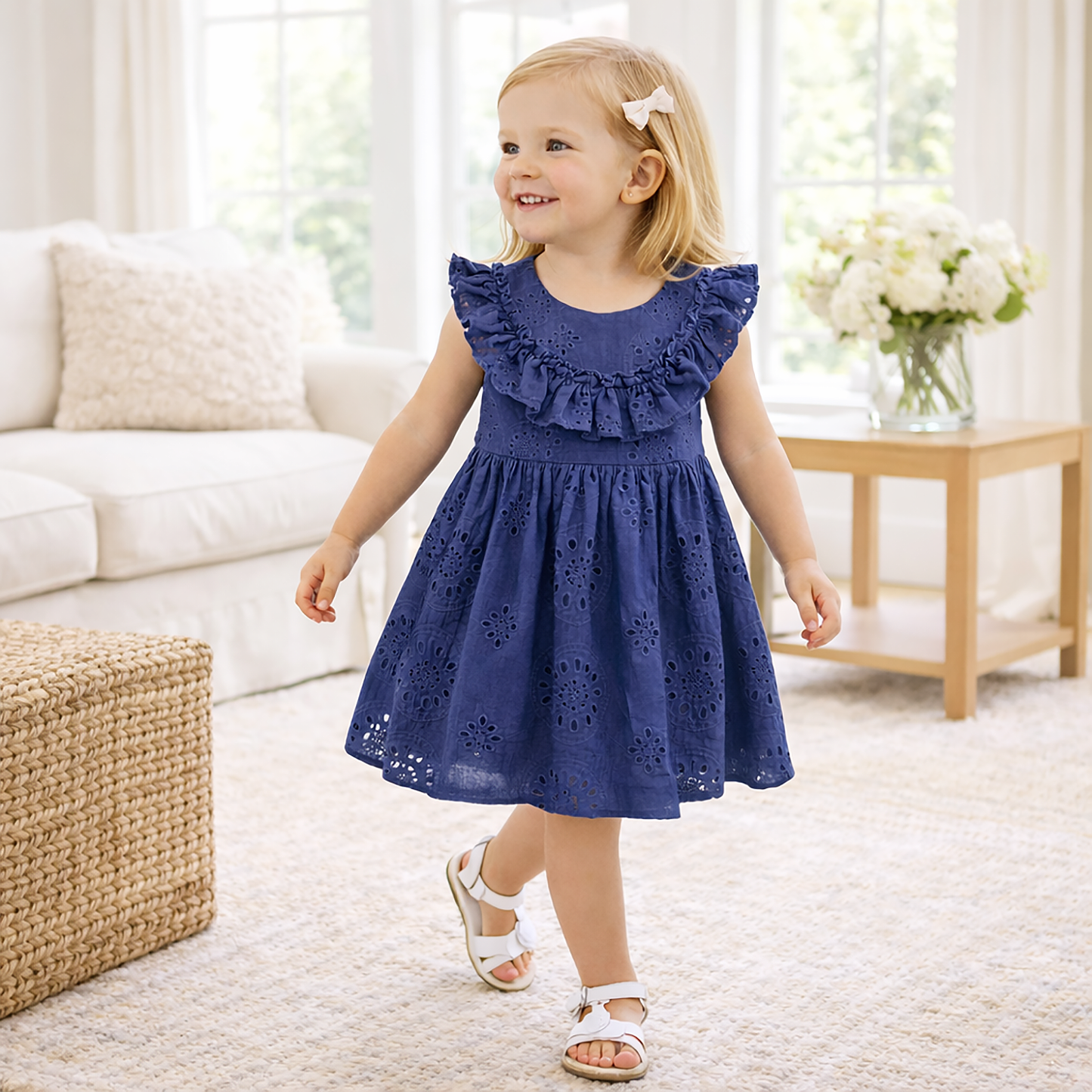 Girls' Eyelet Ruffle Dress Cotton Blue