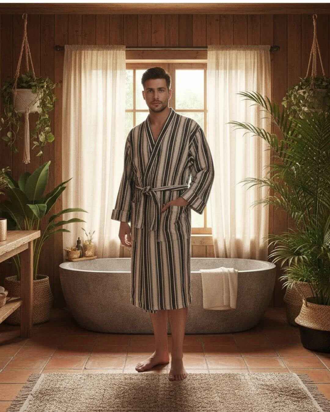 Cotton linen blend kimono bathrobe – lightweight unisex robe