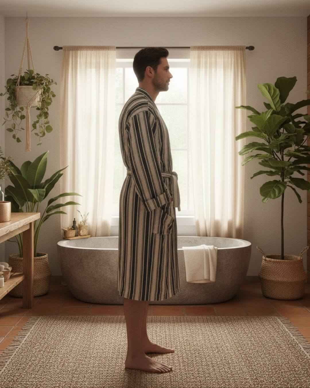 Cotton linen blend kimono bathrobe – lightweight unisex robe