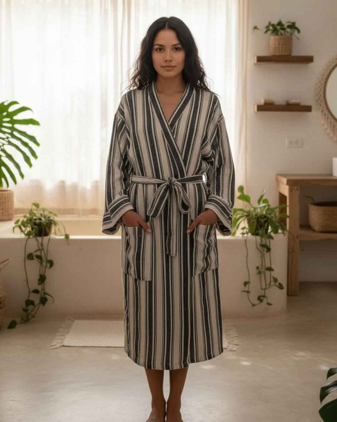 Cotton linen blend kimono bathrobe – lightweight unisex robe
