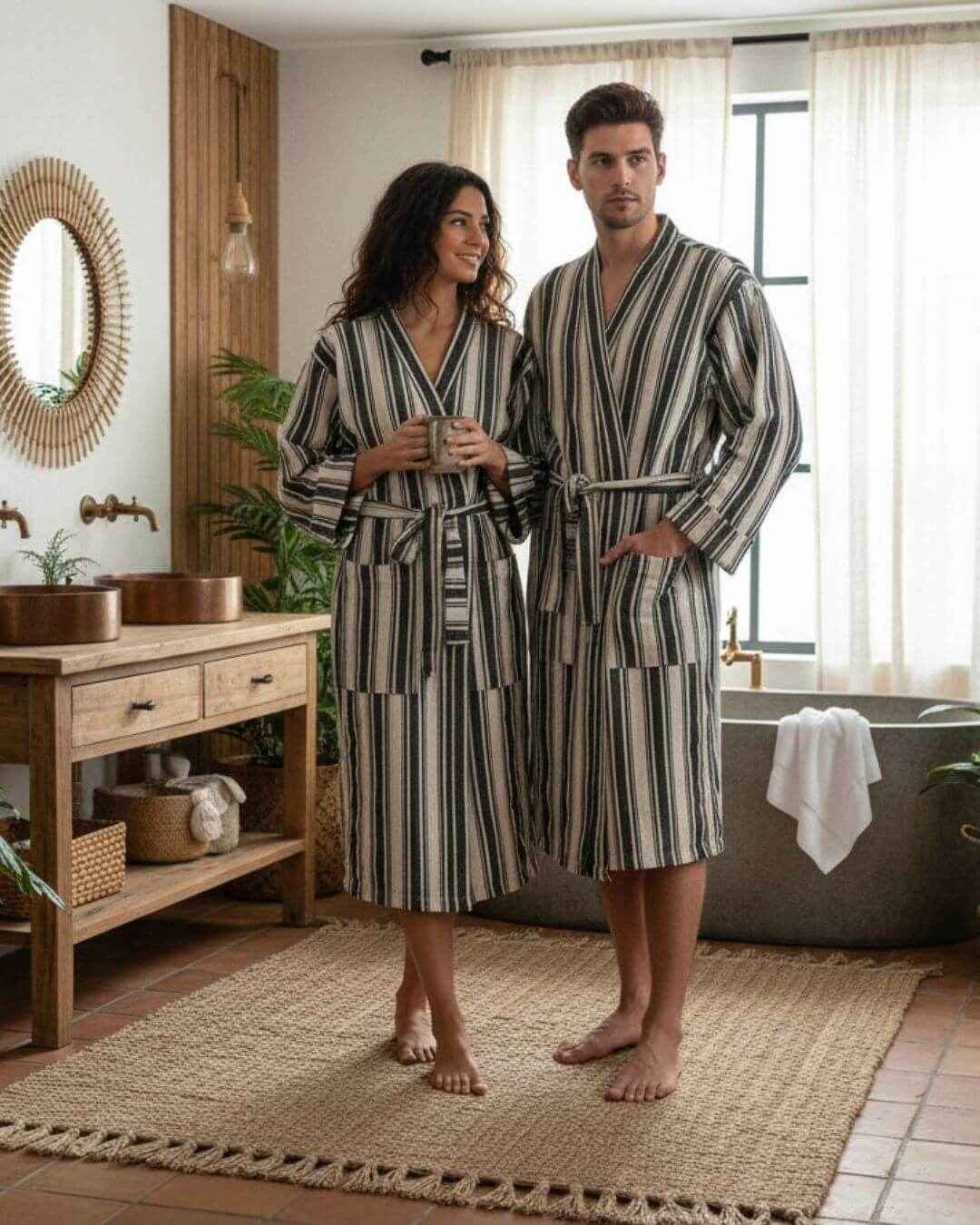 Cotton linen blend kimono bathrobe – lightweight unisex robe