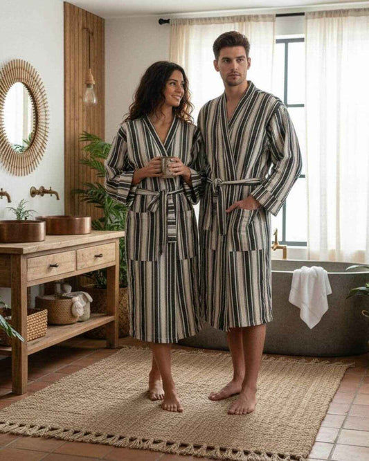 Cotton linen blend kimono bathrobe – lightweight unisex robe