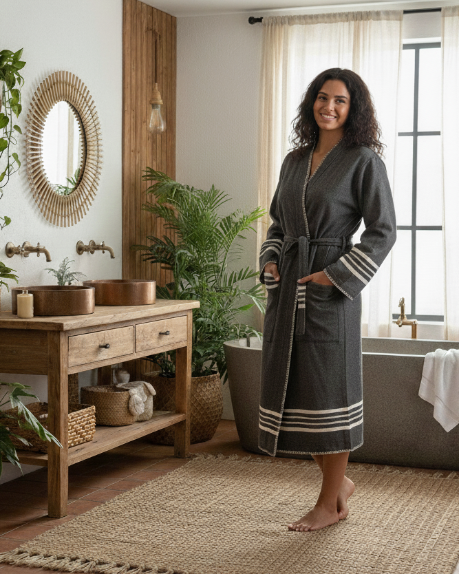 Buldano Organic Turkish Cotton Kimono Bathrobe — Lightweight Spa & Home Robe