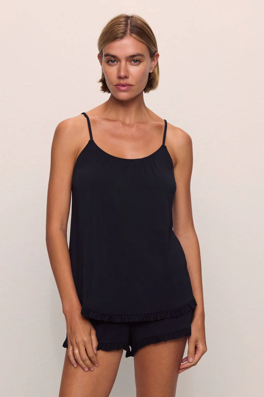 Eberjey Gisele Ruffle Cami & Shortie Short PJ Set in Black — front view