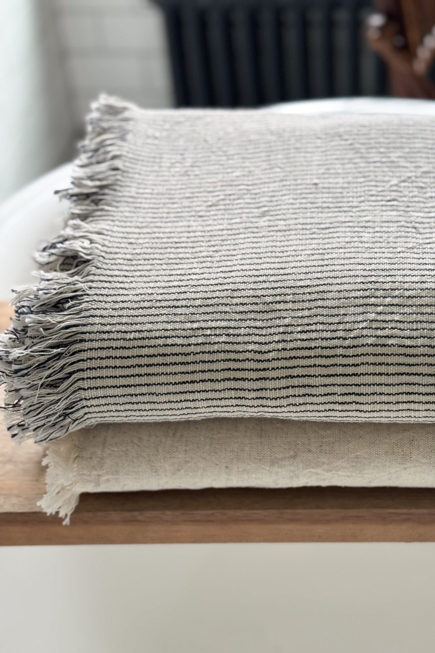 Natural Black Thin Linen Striped Blanket | Home & Loft