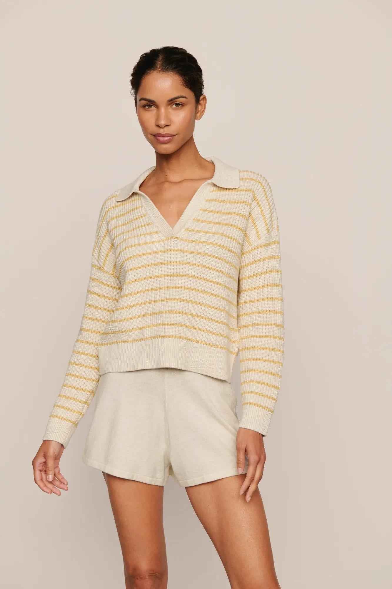 Coastal Cotton Polo Stripe Sweater Short Set — Almond & Marigold | Eberjey