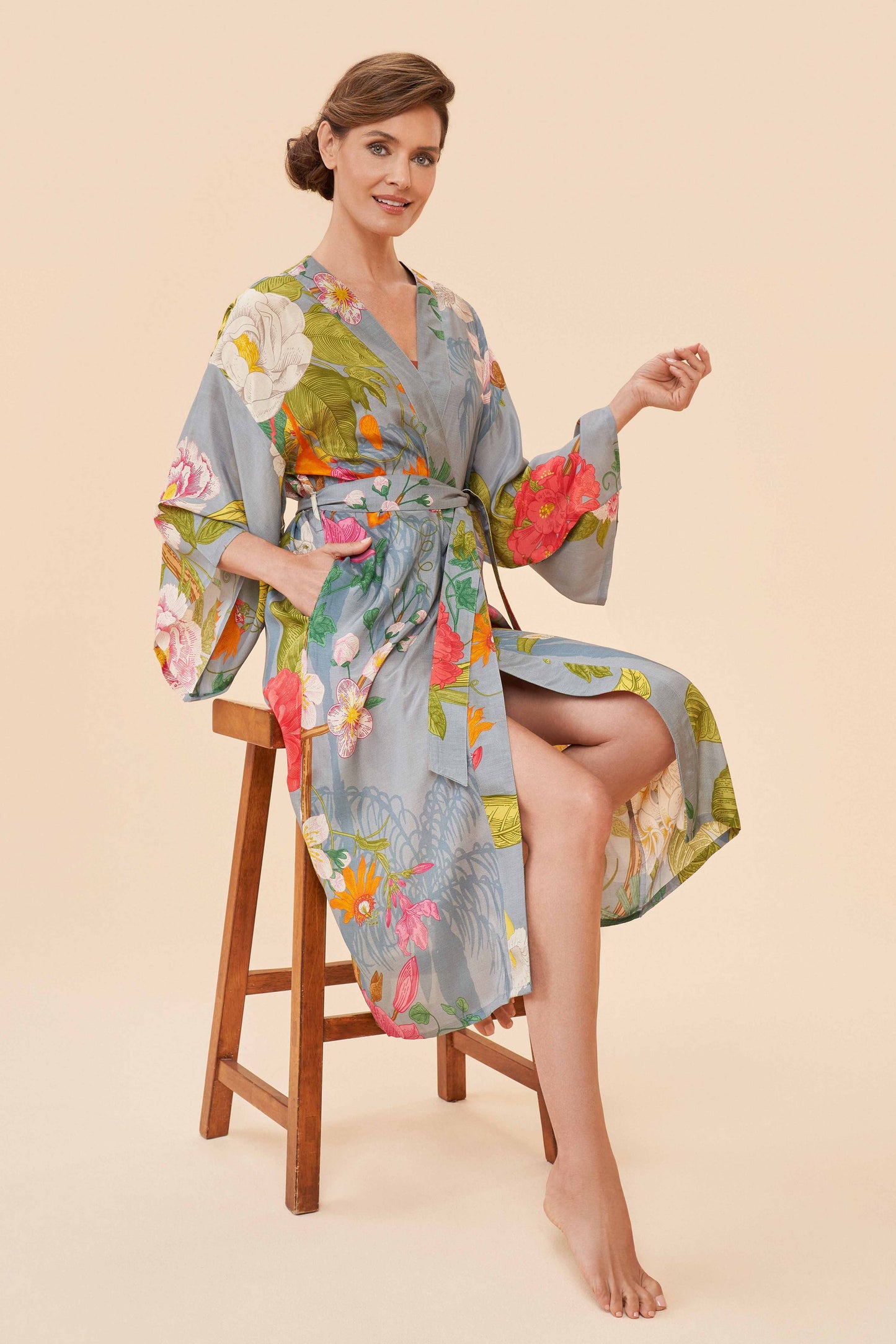 Tropical Flora & Fauna Kimono Gown | Powder Design