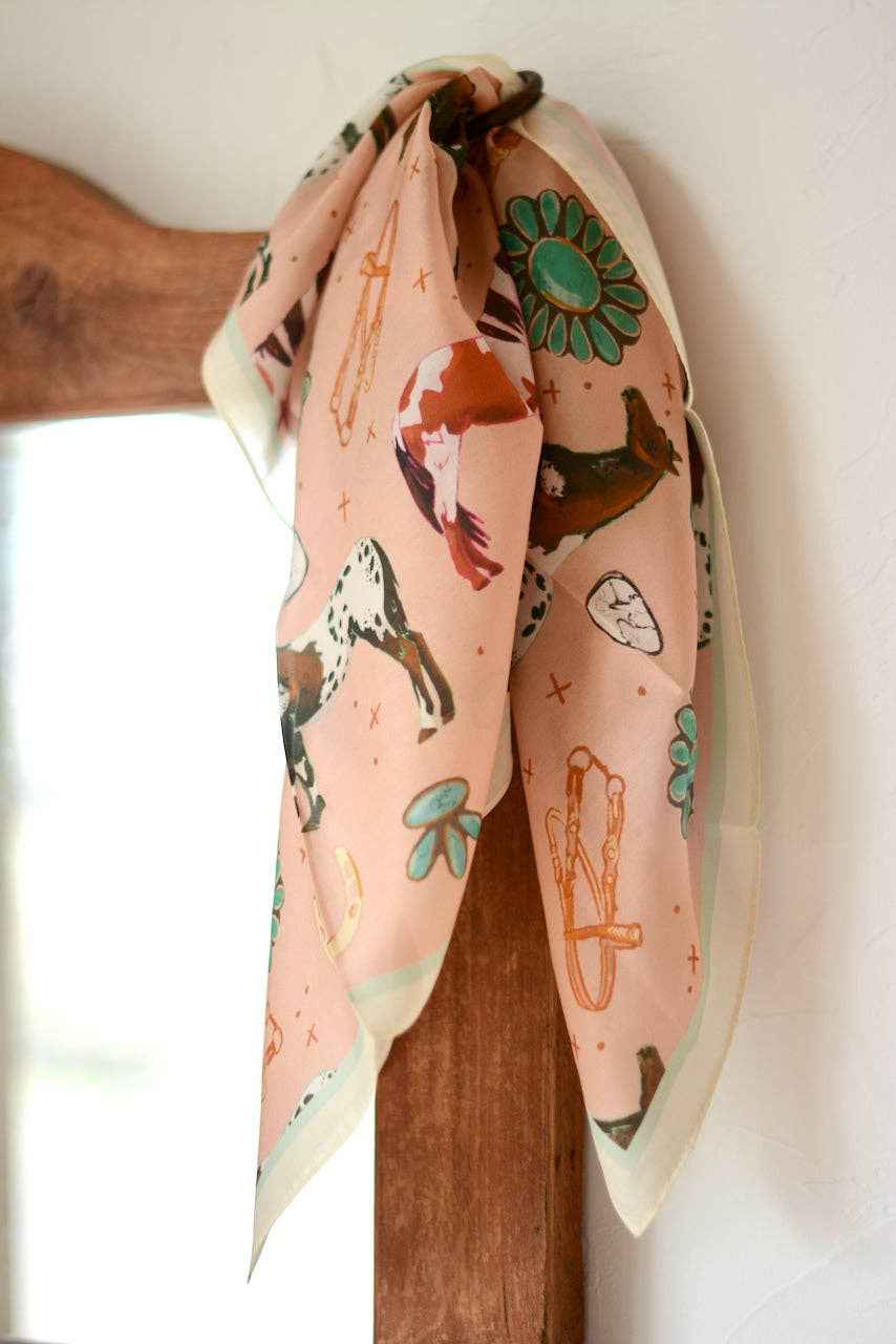 Western silk wild rag horses and turquoise peach scarf