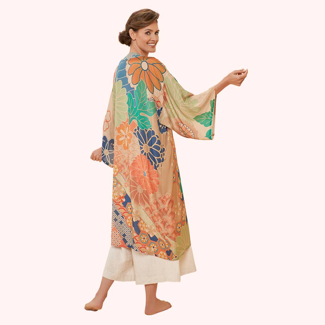 70s Kaleidoscope Floral Kimono Gown — Coconut | Powder Design