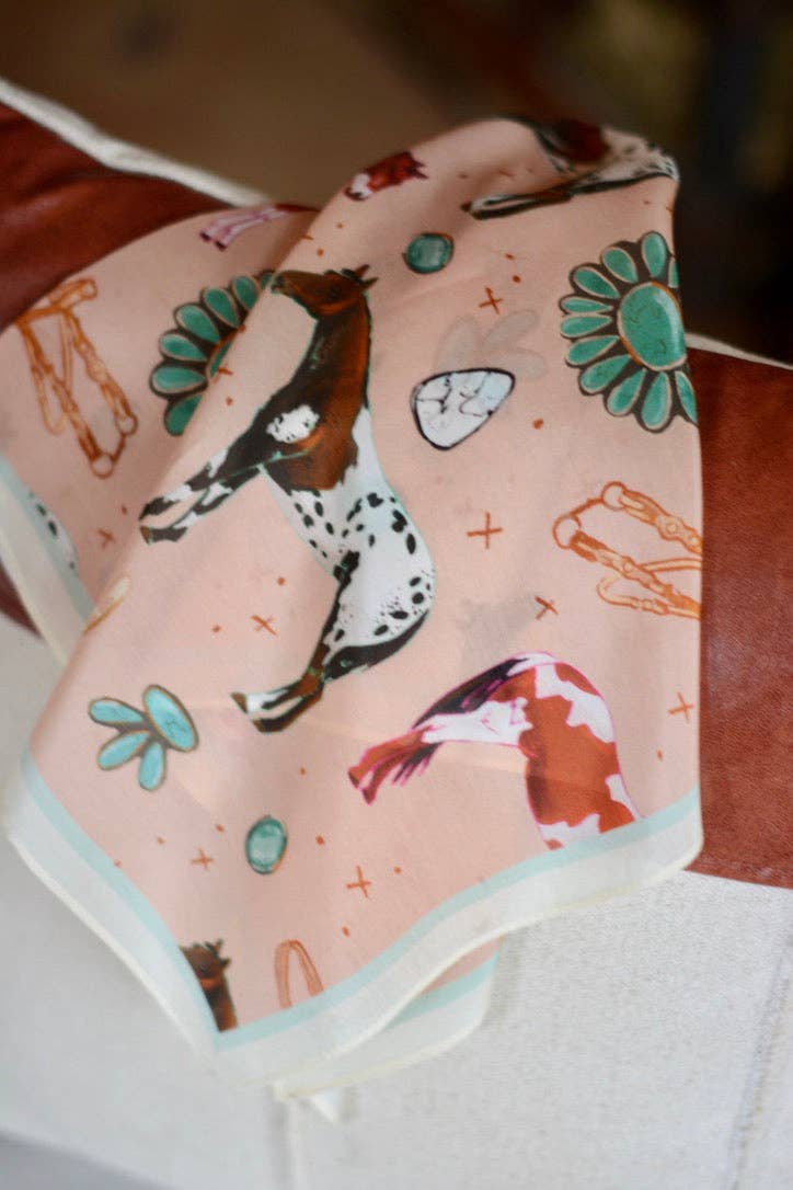 Western Silk Wild Rag Scarf – Horses & Turquoise Peach | Madeline & Oliver