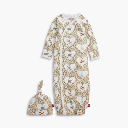 Animal heart organic cotton gown  + hat set
