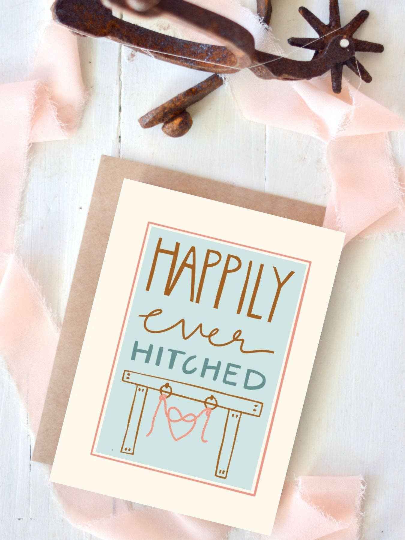 Happily ever hitched western wedding congratulations card — rustic cowboy bride and groom gift
