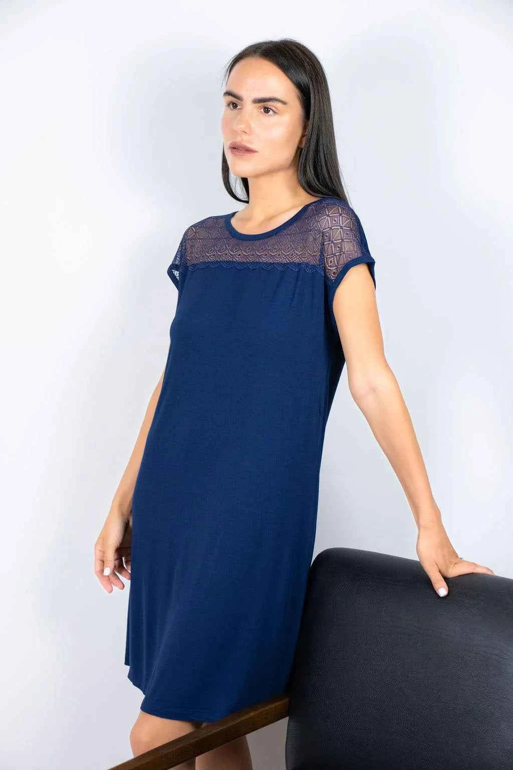 Nora lace t-shirt dress in navy | bamboo sleepwear