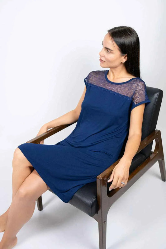 Nora lace t-shirt dress in navy | bamboo sleepwear